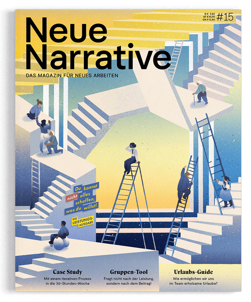 Coverillustration für das Magazin Neue Narrative zum Thema "Leistung". Viele Treppen und Leitern befallen einen Raum und verschiedene Menschen versuchen, voranzukommen.